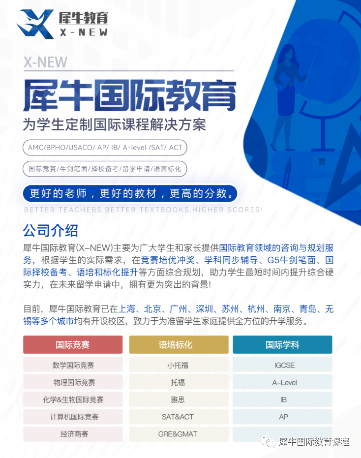 国际竞赛,WGHS沃顿商赛,CCC加拿大化学竞赛,AMC数学竞赛,物理碗竞赛,USACO计算机竞赛,JOHN LOCKE约翰·洛克论文写作竞赛,